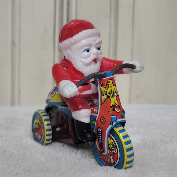 VTG Japan Mechanical WindUp Tin Celluloid Bell Toy Santa Bike Tricycle✨️WORKS - Picture 4 of 13